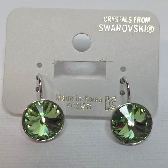 New! Swarovski Elements PeridotGreen Leverback PlatinumPlatedEarrings 13mm #19
